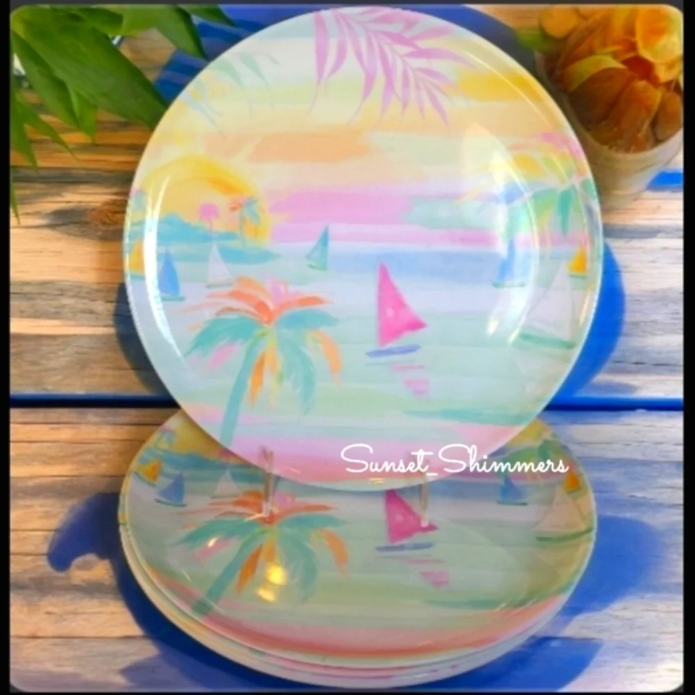 6 Tropical Beach Sailboat Sunset View Watercolor Palm Melamine Dinner Plate Set